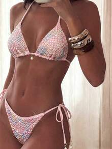 Costavie 2 piezas Conjunto de bikini halter con textura y cuentas florales, azul, para vacaciones de primavera/verano en la playa - Multicolor 2 - Ver 1