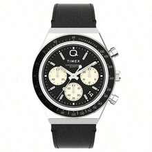 Timex Tiemishi Vintage Racing Chronograph Men's Watch, Black Dial With Cream Sub-Dials, Tachymeter Bezel, Black Leather Strap, Casual Dress Wristwatch - Black - View 7