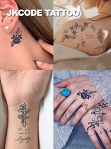 JKCODE TATTOO Kit de 2 adesivos de tatuagem mágica semipermanente, mini tatuagem simples para mulheres, padrão de rosa fresca inspirada na natureza com a palavra "Love" em inglês, sem reflexo, dura 7-14 dias, para pulso, ombro, pescoço e clavícula - Cinza claro - Ver 4