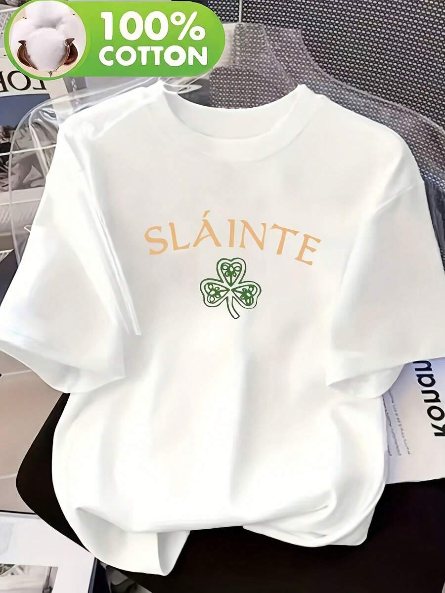 Women's Casual Short-Sleeved T-Shirt; With Blessing Lettering And Lucky Four-Leaf Clover Print; Comfortable And Breathable Women's T-Shirt; Soft Top; 'Casual Clothing' - 黑色 - 查看 1