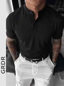 GRDR Men's New Minimalist Summer Casual Henley Neck Short Sleeve T-Shirt - Black - View 9