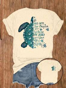Sea Turtle Print T-Shirt, Casual Short-Sleeved Crew Neck T-Shirt, Suitable For Spring And Summer, Women's Clothing. Classic Black Crew Neck T-Shirt Made Of Pure Cotton. - 卡其色 - 查看 1