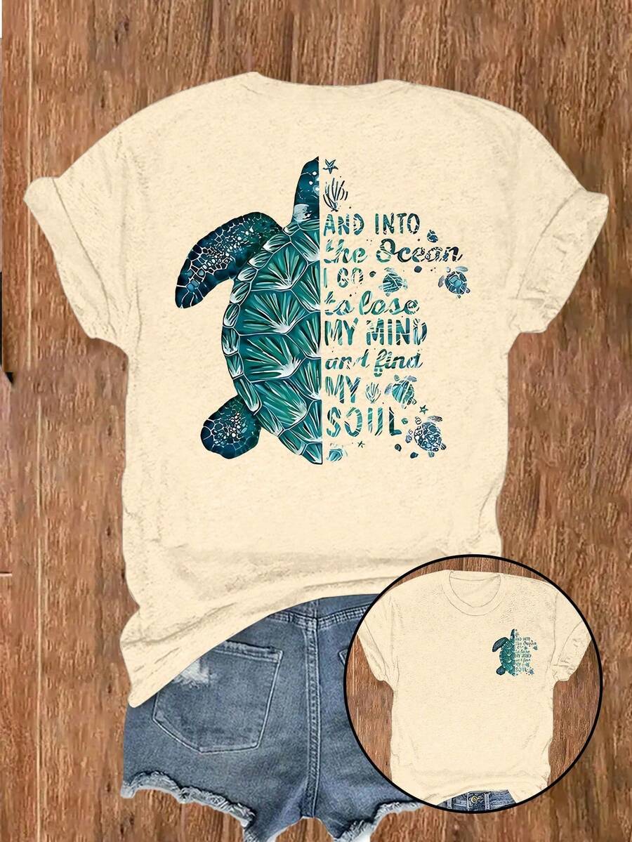 Sea Turtle Print T-Shirt, Casual Short-Sleeved Crew Neck T-Shirt, Suitable For Spring And Summer, Women's Clothing. Classic Black Crew Neck T-Shirt Made Of Pure Cotton. - 卡其色 - 查看 1