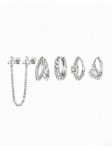 Juego de 5 piezas de pendientes, pendientes de aro retorcido minimalista y pendientes de botón con cadena, joyería de piercing de cartílago y brazalete para uso diario - TZ408 - Ver 8