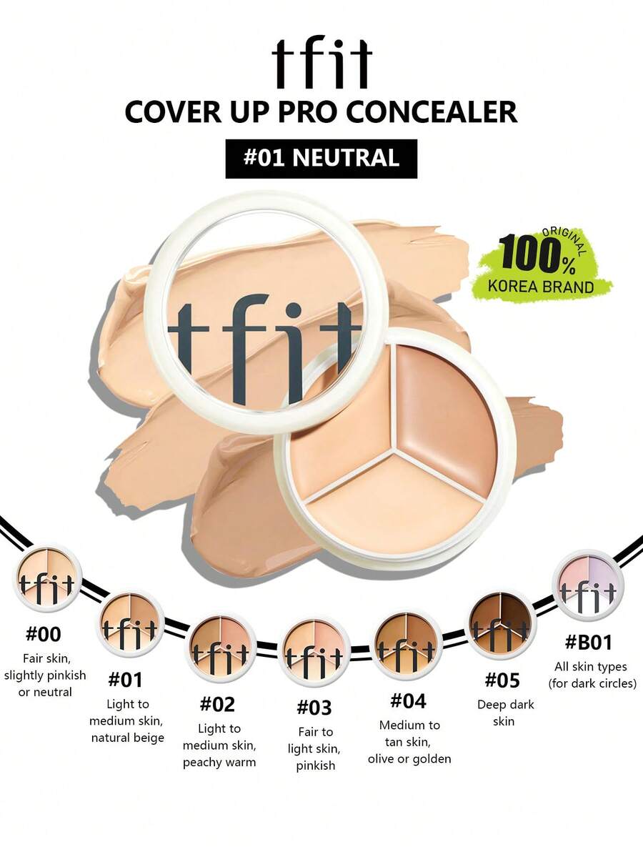 TFIT Cover Up Pro 遮瑕膏 01,全遮瑕黑眼圈與瑕疵,防水,奶油質地可疊加,自然光澤與霧面,玻尿酸與積雪草,防暈染,K-Beauty,韓系彩妝,OliveYoung,禮品,15g/0.52 Oz. - 01 NEUTRAL - 查看 1