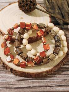 BOCAR 3pcs/Set Natural Beaded Wooden Bracelet Set, Suitable For Beach & Vacation - Brown - View 2