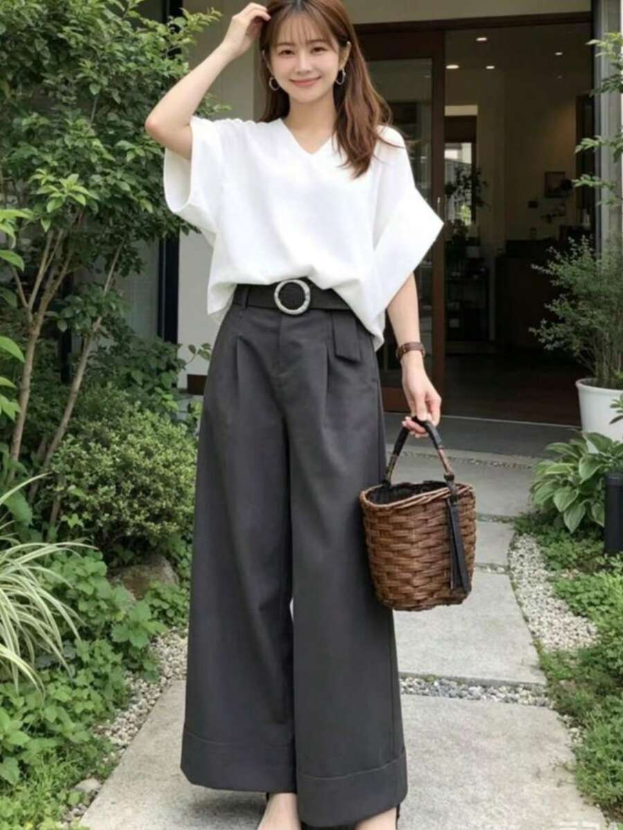 Women's 2-Piece Set: Top (T-Shirt) And Long Pants - Suit Pants, Summer Outfit, V-Neck Blouse, Battle Sleeves, Belted, Casual, Relaxed Fit, Simple, Figure-Flattering, Cute, Stylish, Suitable For Commuting, School, Adults, Office Ladies, Spring, Summer, Autumn - Grey - View 1