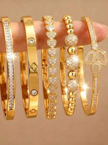 This 5-Piece Light Luxury And Elegant Bracelet Can Be Stacked And Worn. With A Minimalist Sculpted Design, It Is Suitable For Daily Use And Dates - Gold - View 10