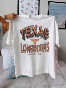 Texas Longhorn Graphic Tee Gameday Letter Print Green Cotton Loose Fit Short Sleeve Vintage Retro Streetwear Casual Apparel Women Men Unisex Tops - 白色 - 查看 1