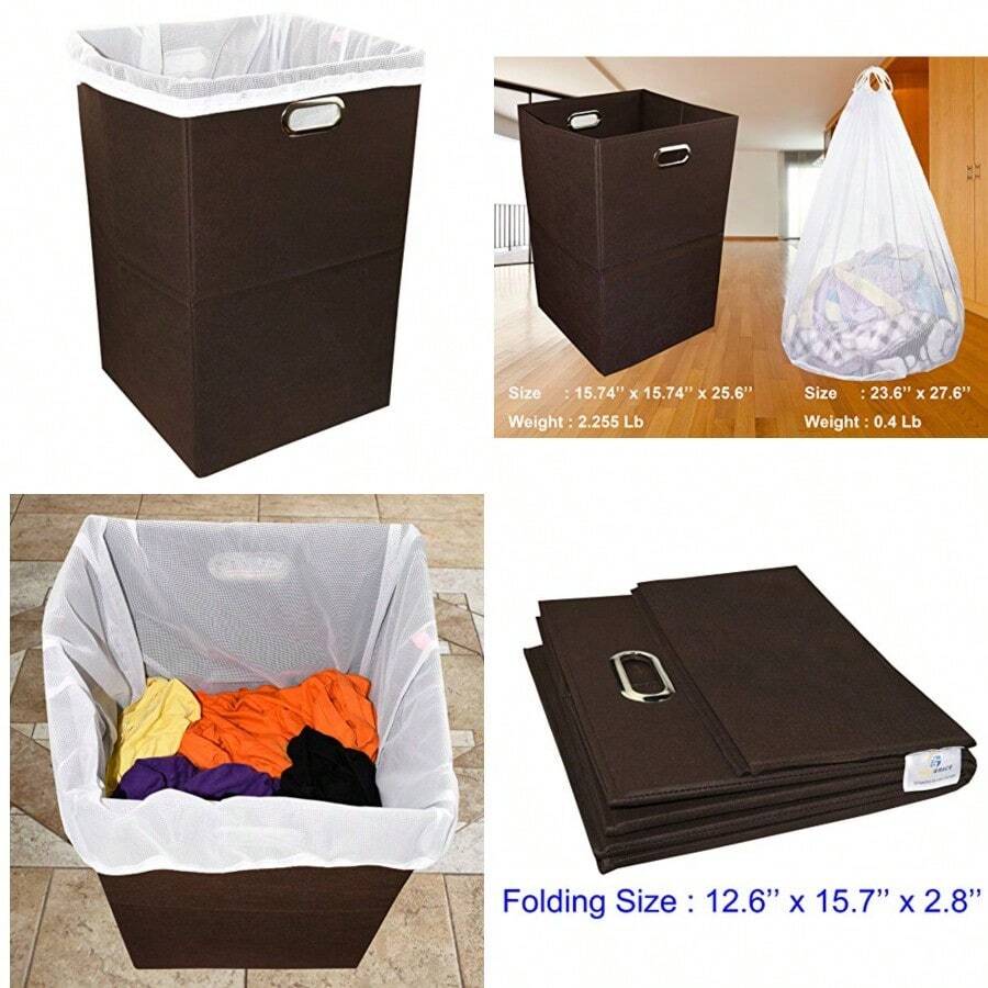 Cesta grande plegable para ropa con bolsa de lavandería tela no tejida duradera de alta calidad tabla de plástico tamaño extragrande ahorro de espacio y cesta compacta con asas de metal café - marrn - Ver 1