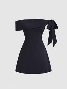 Vestido mini de línea A con cintura ajustada, hombros descubiertos, mangas con lazo asimétrico, adecuado para ir a trabajar, viajar y uso diario, primavera/verano - Negro - Ver 1