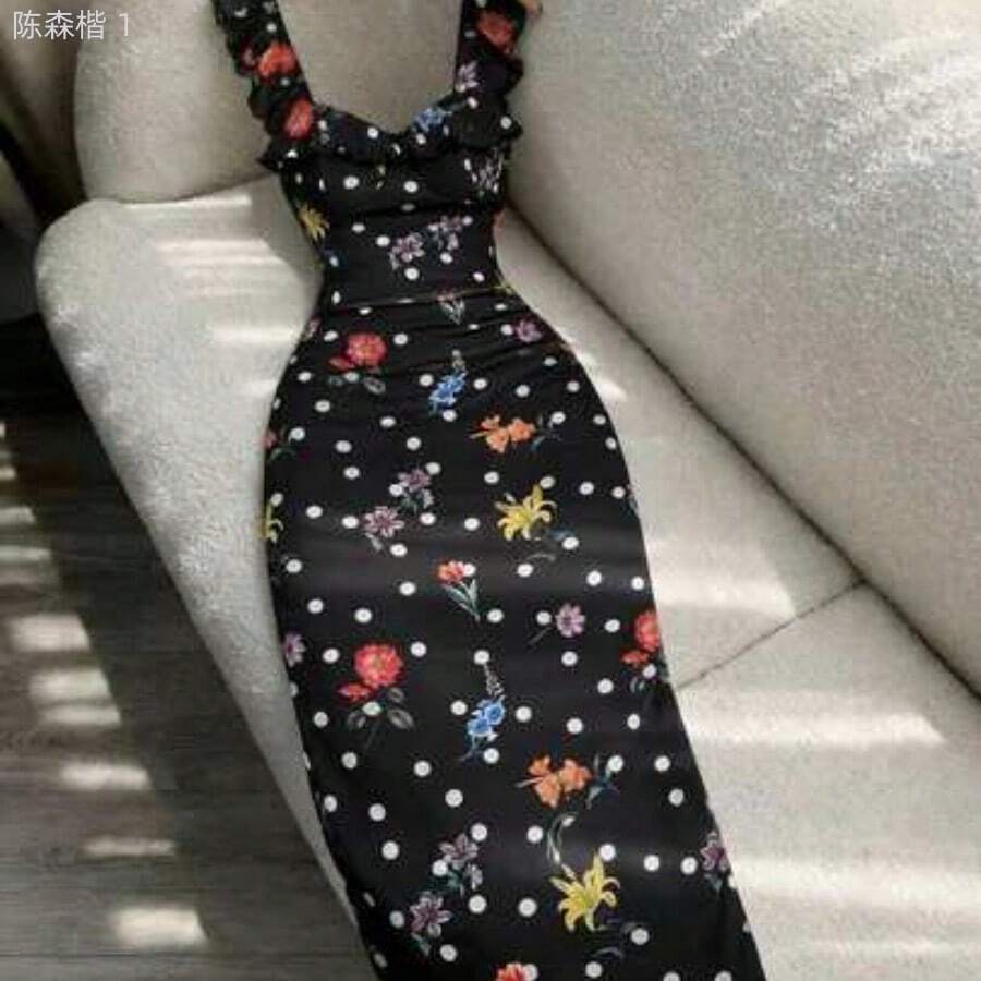 jianchaimaoyi02  MOD Vestido ajustado con estampado floral romántico y volantes en talla grande, elegante para vacaciones y fiestas al aire libre - Multicolor - Ver 1