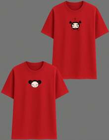 Set Of 2 Couple T-Shirts, Cartoon Design, Love, Valentine's Day, 100% Cotton - 紅色 - 查看 3