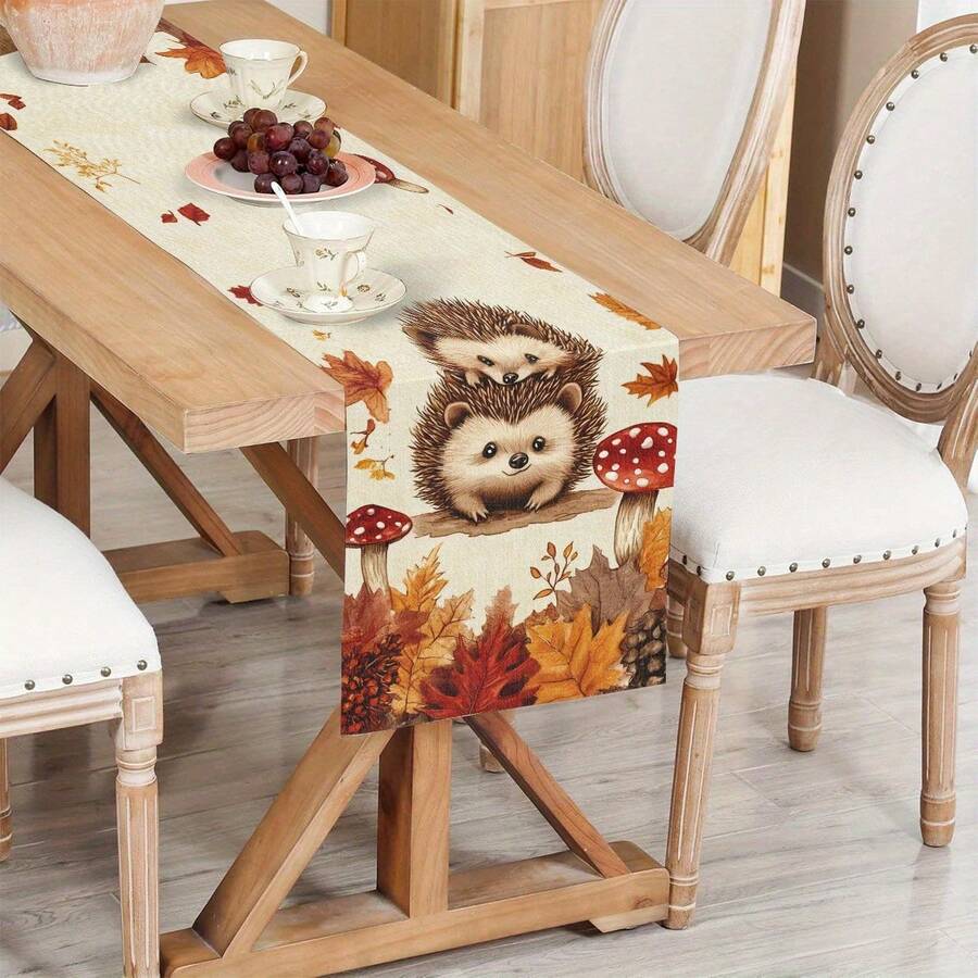 1PC Fall Hedgehog & Maple Leaves Print Table Runner, Rustic Farmhouse Style Multi-Size Table Runner, Machine Washable Dining Table Scarf For Thanksgiving, Autumn Harvest, Everyday Home Decor - Multicolor - View 1