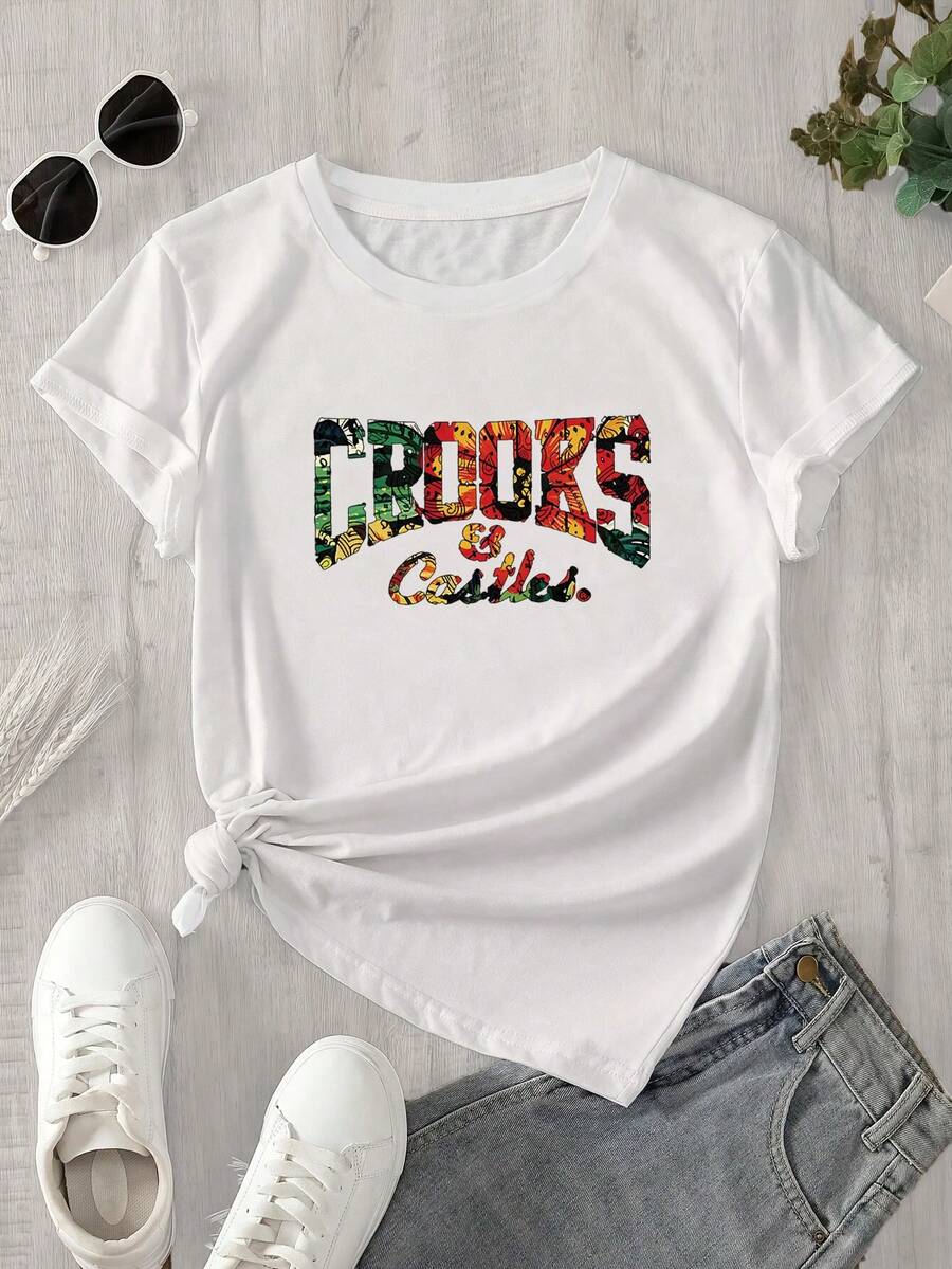 Top de mujer de manga corta y cuello redondo con estampado hexagonal, apto para todas las estaciones. - Blanco - Ver 1