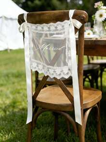 2pcs/Set Lace Newlywed/Bride & Groom Chair Back Decor Signs, Transparent Lace Decor Signs, Wedding Chair Decoration, Wedding Chair Banner Transparent Fabric Decor Signs - White Suit - View 10