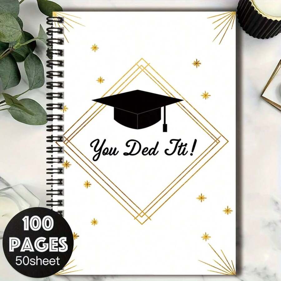 1本極簡時尚畢業風格螺旋線圈筆記本,封面飾有畢業帽圖案與「You Ded It!」文字,獨特設計。100頁大容量,適用於工作記錄、學習筆記、日記書寫等,亦是畢業、生日及其他場合的貼心禮物選擇。 - E - 查看 1