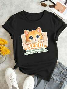 Camiseta de mujer con estampado gráfico de gato adorable, algodón suave, corte holgado, ajuste cómodo, estilo casual, dise?o gráfico. - Negro - Ver 2