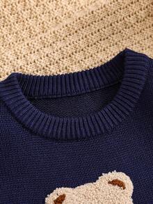 Sweater Lengan Panjang Leher Bulat dengan Patch Beruang Kartun untuk Anak Perempuan Remaja - Navy Blue - View 3