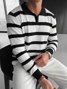 WAIT HIM Men's Casual Colorblock Striped Sweater - Black and White - View 3