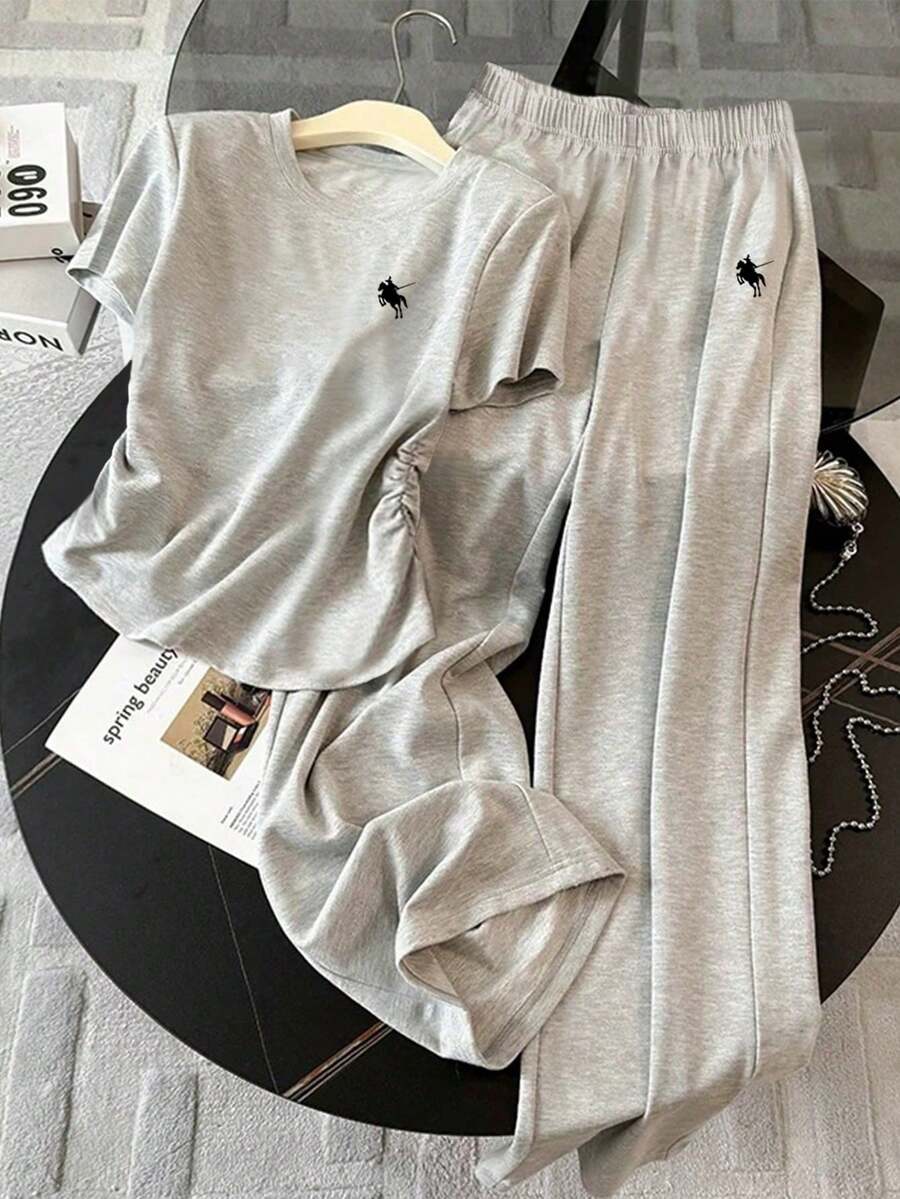 2 piezas Conjunto de camiseta de manga corta casual y pantalones de ajuste holgado para mujer - Gris - Ver 1