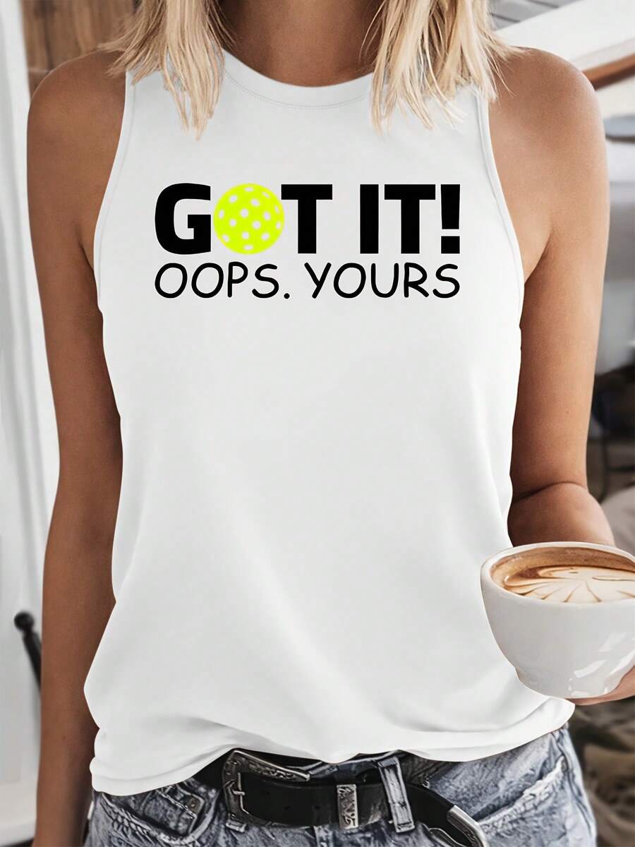 Pickleball Mishap Print Tank Top | Humorous Interactive Style Sleeveless Top | Sports Funny T-Shirt | 2026 Summer New Casual Vacation Style Clot - 白色 - 查看 1