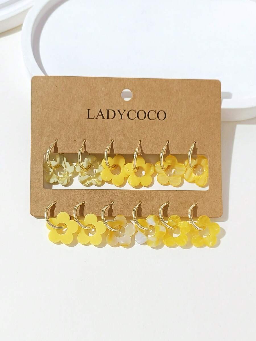 LADYCOCO 6對時尚可愛花卉吊墜耳環，鏤空設計，適合女性約會、派對及日常配戴 - 彩色 - 查看 1