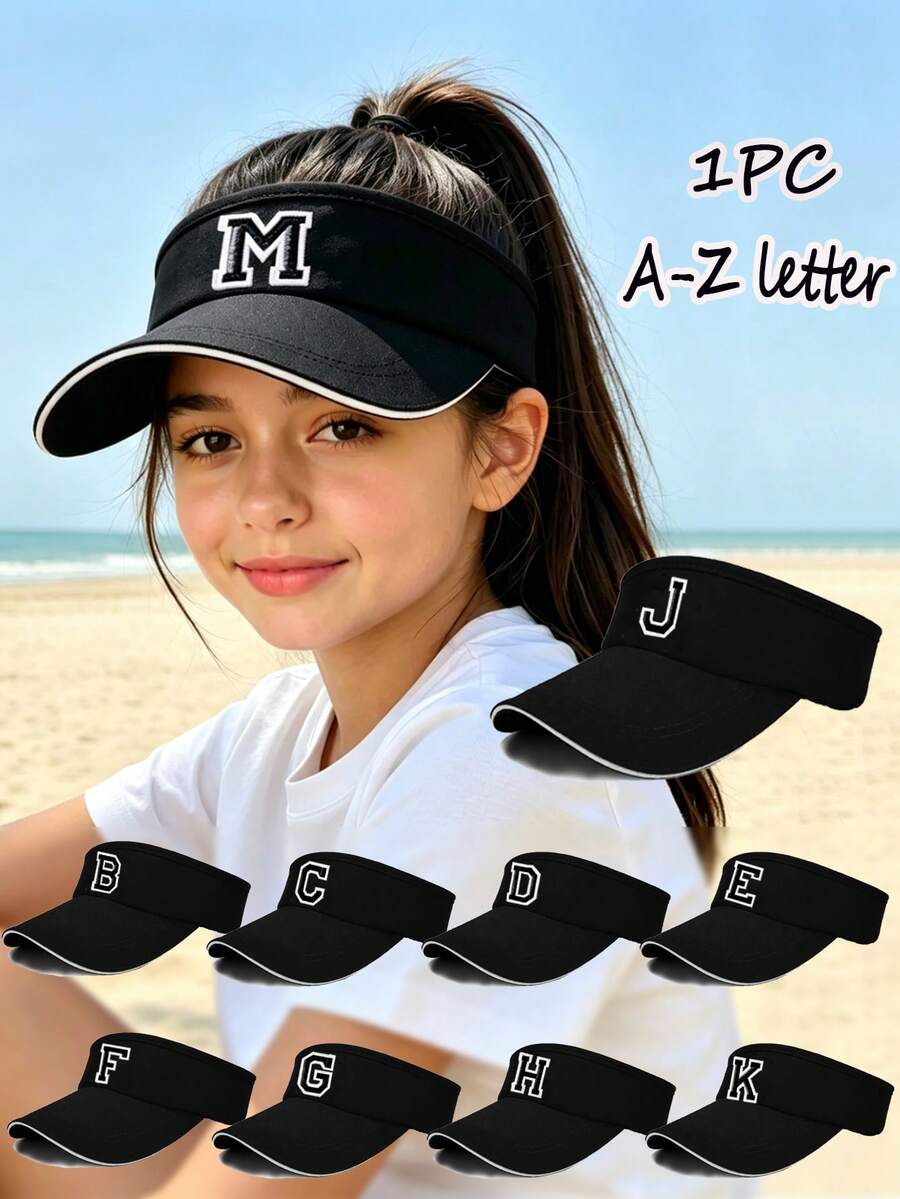 1件中性兒童純色字母太陽帽,26個字母設計,透氣運動帽,適合夏季春季海灘高爾夫網球戶外休閒穿著 - 黑色 - 查看 1