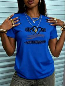 Women's Casual Summer T-Shirt With Vintage Leopard Print And Heart Design, Round Neck, Short Sleeve, Vintage Urban Style, Unisex, Loose Fit, Cotton, Short Sleeve T-Shirt With Round Neck, Blouses For Women, Women's T-Shirts, Casual Blouses For Ladies. - 藍色 - 查看 1