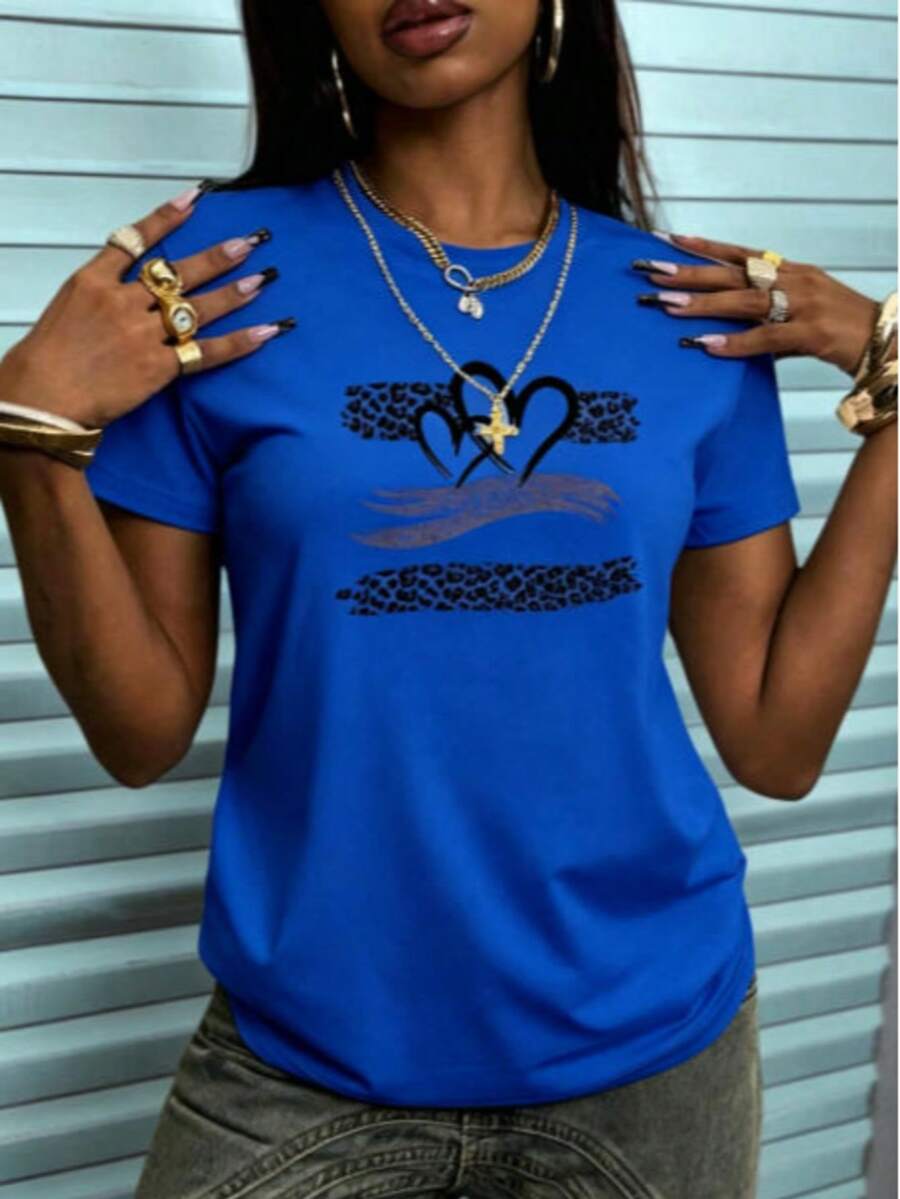 Women's Casual Summer T-Shirt With Vintage Leopard Print And Heart Design, Round Neck, Short Sleeve, Vintage Urban Style, Unisex, Loose Fit, Cotton, Short Sleeve T-Shirt With Round Neck, Blouses For Women, Women's T-Shirts, Casual Blouses For Ladies. - 藍色 - 查看 1