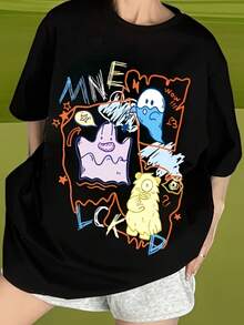 Una camiseta de manga corta para mujer, 100% pura, de estilo americano, con estampado de letras divertidas, nueva para primavera y verano, en color negro y corte holgado. - Negro - Ver 2