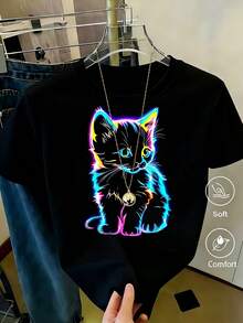 Women's Blouses, Women's Tops, Women's T-Shirts, Women's Tops, Women's Round Neck Short Sleeve T-Shirt Neon Kitten Print Multicolor Casual - 黑色 - 查看 1