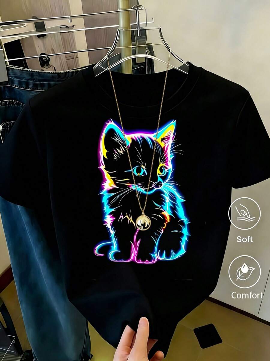 Women's Blouses, Women's Tops, Women's T-Shirts, Women's Tops, Women's Round Neck Short Sleeve T-Shirt Neon Kitten Print Multicolor Casual - 黑色 - 查看 1