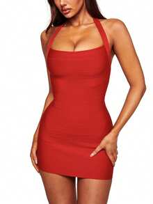 Women's Sexy Halter Backless Ruched Bodycon Mini Dress Ribble Short Homecoming Club Party Night Out Dresses Clubwear - Red - View 2