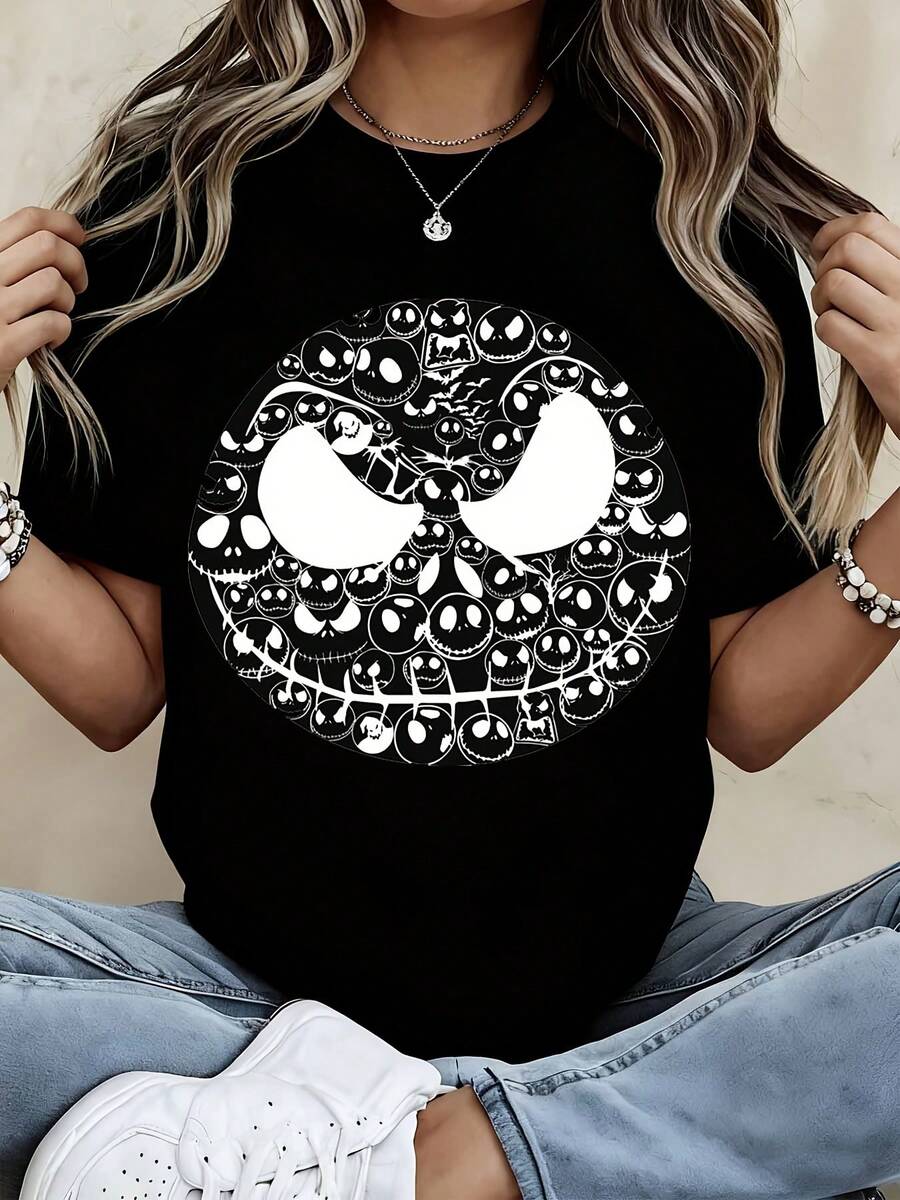 Disney Women Casual T Shirt Black Jack Skellington Face Design Halloween Party Wear - 黑色 - 查看 1