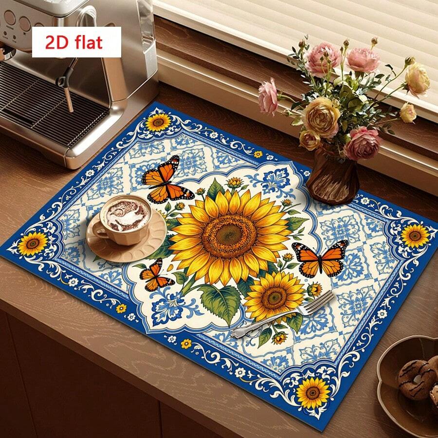 1pc Dish Drying Mat, Coffee Machine Mat, European Blue & White Floral Border With Sunflower & Butterfly Pattern, Durable, Highly Absorbent, Suitable For Dining Table, Cafe, Multi-Purpose Drainage Mat, Home Gift, Tabletop Decor