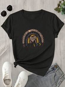 Camiseta de manga corta con cuello redondo para mujer con un alegre estampado de logo, apta para todas las estaciones. - Negro - Ver 1