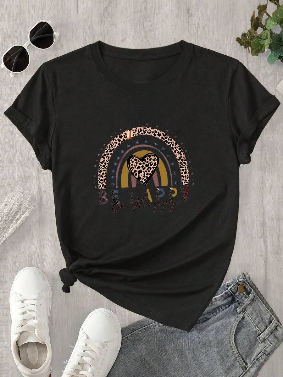 Camiseta de manga corta con cuello redondo para mujer con un alegre estampado de logo, apta para todas las estaciones. - Negro - Ver 1