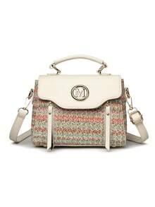 Retro Minimalist Printed Crossbody Bag With Adjustable PU Strap, Flap Closure, New Year - Khaki - View 4