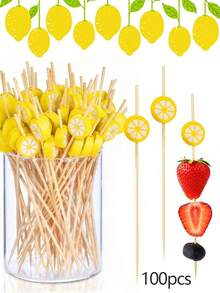 100pcs Lemon Theme Toothpick Set, Suitable For Appetizers. Made Of 4.7 Inch Bamboo Toothpicks, Perfect For Summer Parties, Holidays, Graduation Celebrations, Cakes And Desserts, Fruit Platters And Christmas Party Decorations. - Multicolor - View 9