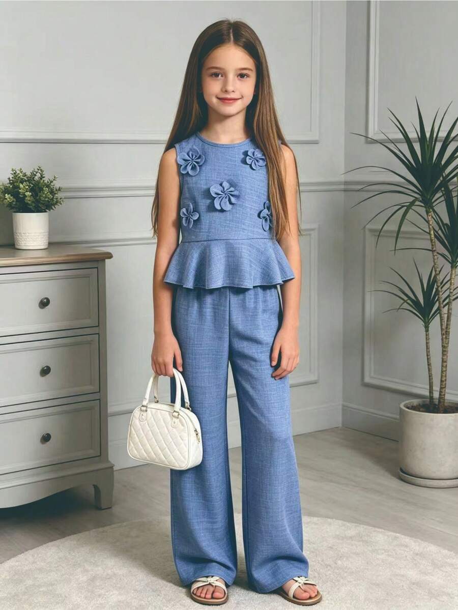 Girls' Casual Solid Color 3D Floral Backless Sleeveless Top And Straight Leg Pants 2 Pieces Set, Spring/Summer - Blue - View 1