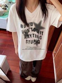 女款時尚夏季寬鬆街頭復古小V領字母與星星印花短袖T恤休閒白色 - 白色 - 查看 3