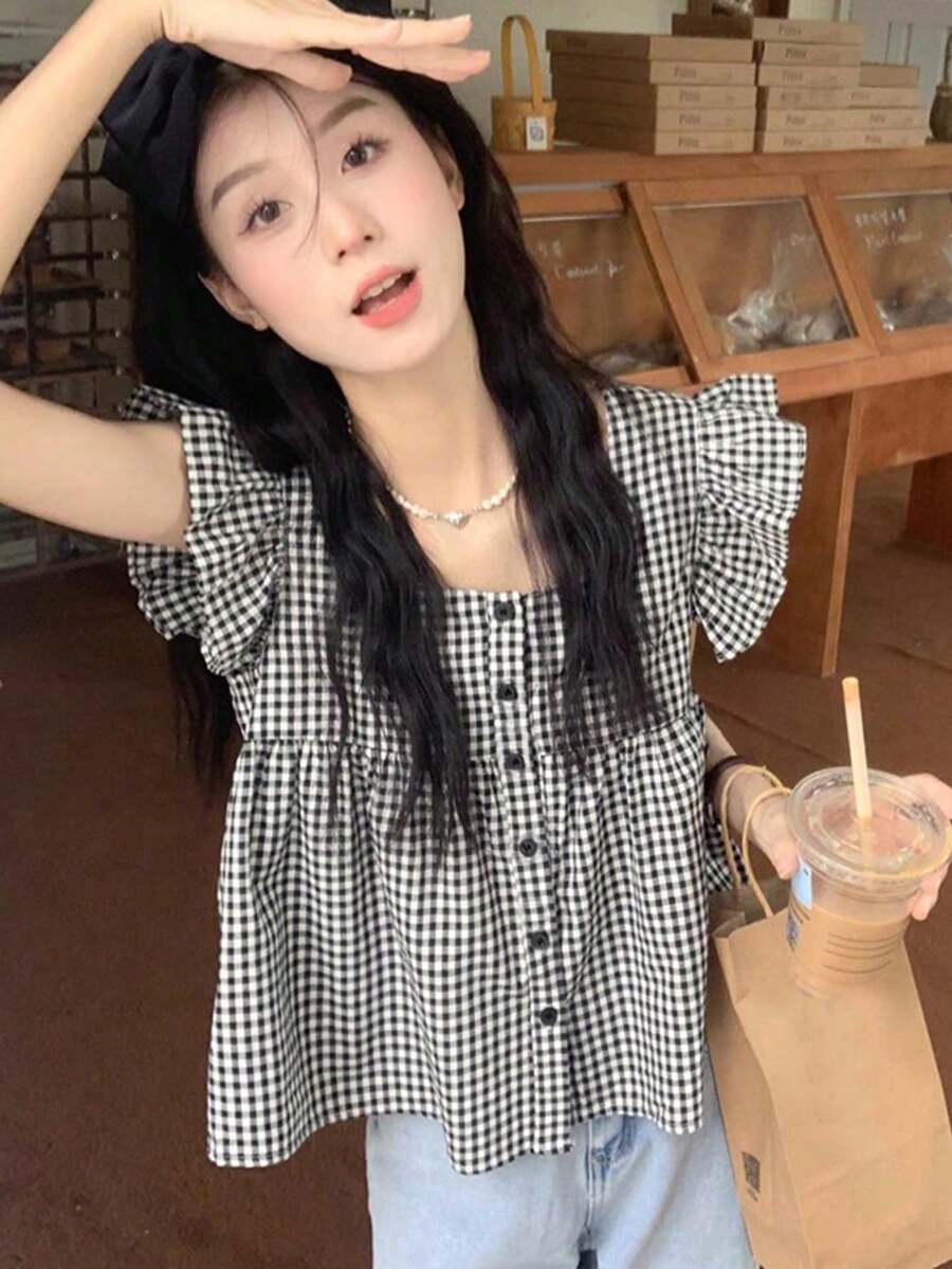 女款格紋方領短袖上衣,夏季黑色 - 黑色 - 查看 1