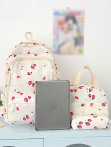 3pcs Nylon Bow Print Backpack Set, Foldable Multi-Pocket Large Capacity Zipper Backpack, Suitable For Teenagers And High School Students - Beige - View 3