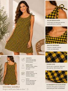Casual Short Dress With Front Buttons, Long Sleeves, And A Plaid Print. - 黃色 - 查看 2