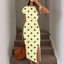 Nana's Women's Clothing Store  Vestido midi elegante sin mangas con abertura alta y cintura fruncida con estampado de lunares en marrón y azul, vestido de punto de textura casual y ajustado para mujer, conjunto de fitness para mujer, vestido de invitada de boda para mujer, ropa de oficina para mujer - Multicolor - Ver 1