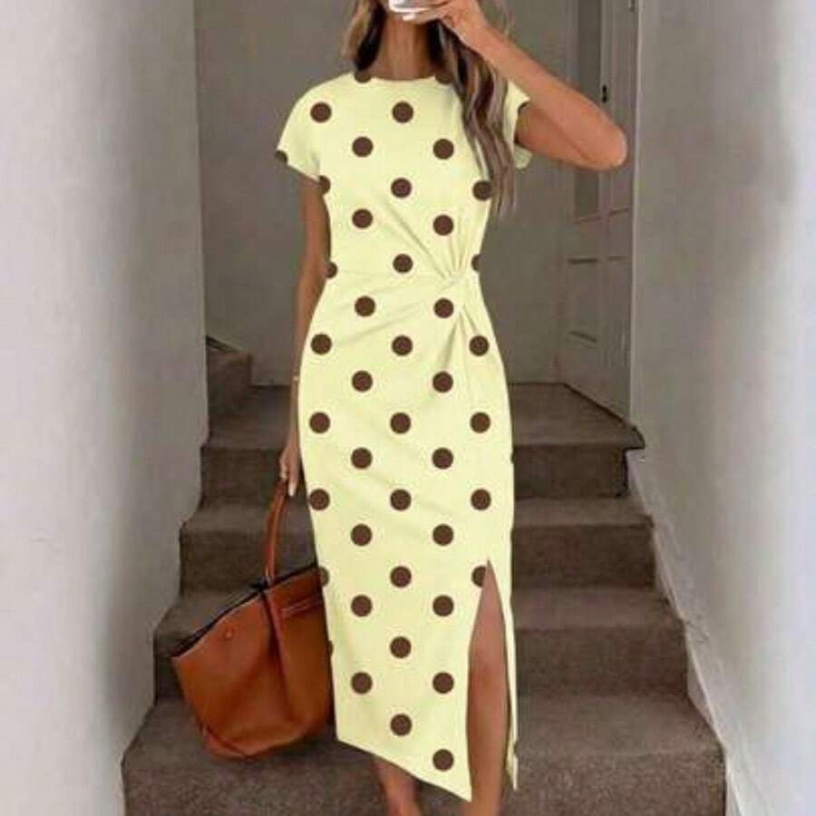 Nana's Women's Clothing Store Vestido midi elegante sin mangas con abertura alta y cintura fruncida con estampado de lunares en marrón y azul, vestido de punto de textura casual y ajustado para mujer, conjunto de fitness para mujer, vestido de invitada de boda para mujer, ropa de oficina para mujer - Multicolor - Ver 1