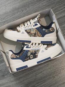 Men's Classic Leather & Mesh Patchwork Cartoon Pattern All-Season High-Top Sneakers, Outdoor Casual Skate Shoes, Preppy Style Everyday Plus Size Athletic Shoes - Milan - View 6