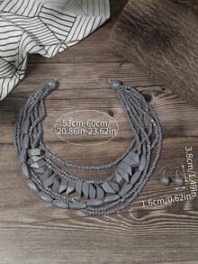 Bộ 2 món vòng cổ và bông tai phong cách Bohemian màu đỏ hồng trơn vân gỗ xếp lớp, phụ kiện đa năng cho đi làm hàng ngày và hẹn hò - Xanh đậm - Xem 2