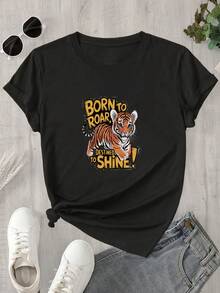 Top de manga corta con cuello redondo y estampado de tigre para mujer, ideal para brillar con luz propia y apto para todas las estaciones. - Negro - Ver 1